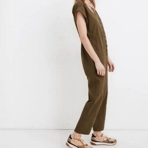 Madewell Cap Sleeve Olive Green V-Neck Cotton Jumpsuit Size XS